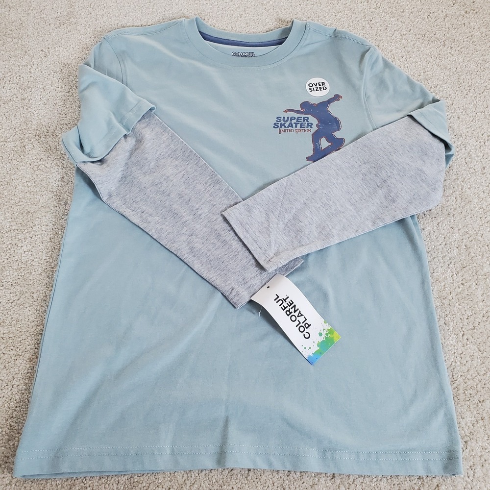 Colorful Planet Tshirt Boys Size 8 Long Sleeve Blue Skater Small Hole Back Neck